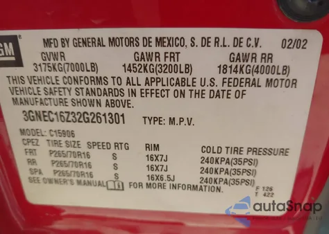 2002 Chevrolet Suburban 1500 Ls z USA, uszkodzony, nr VIN 3GNEC16Z32G261301